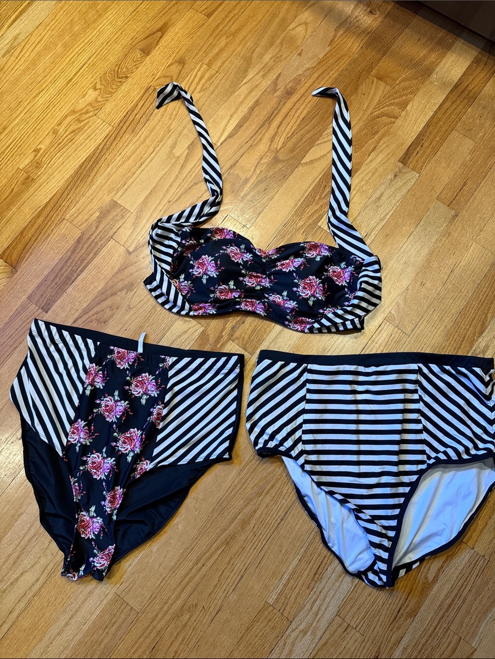 Forever 21 Black and White Floral-Striped Bikini Set